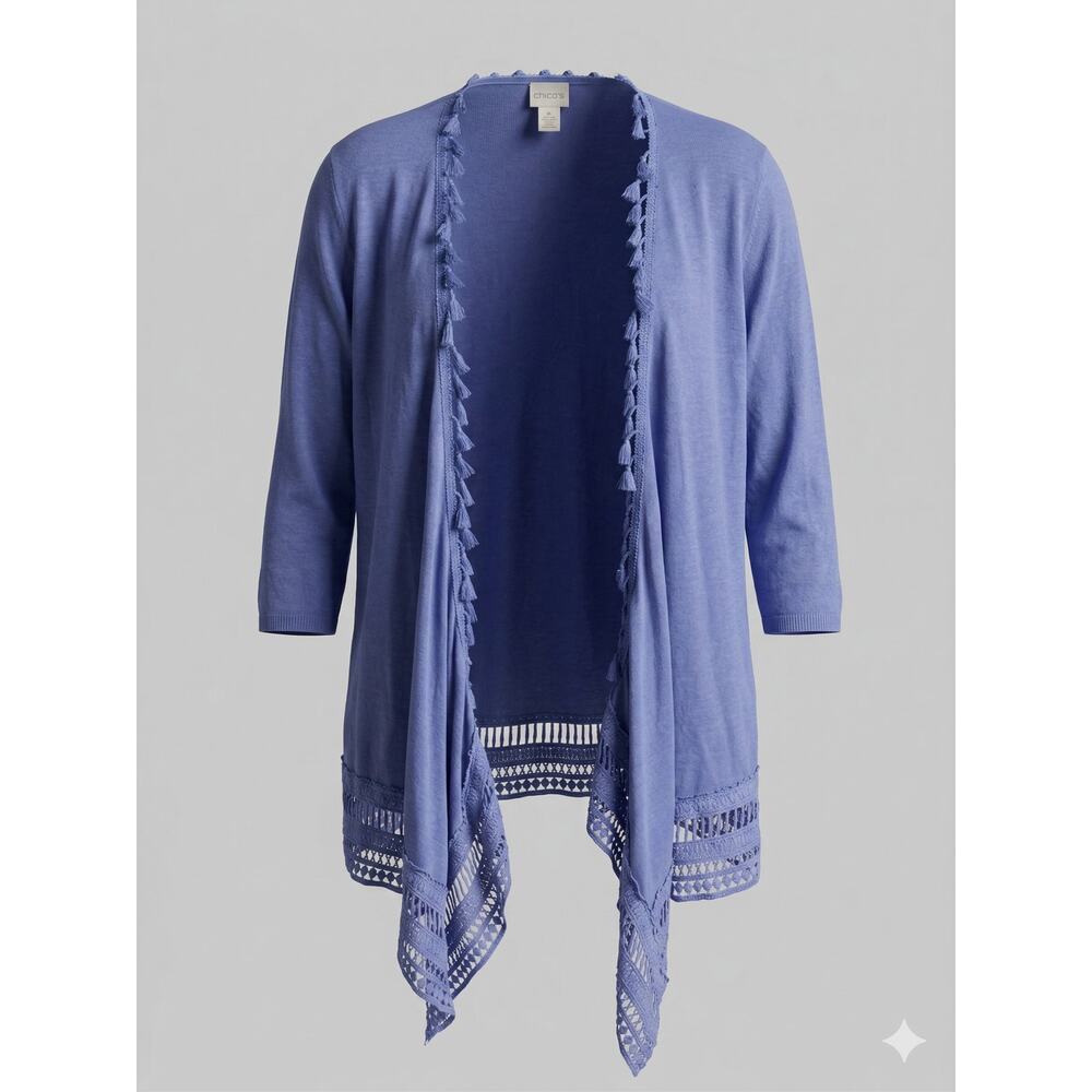 Chico's Women's M Linen Boho Coastal‎ Artsy Lagenlook Resortwear Tassel Cardigan